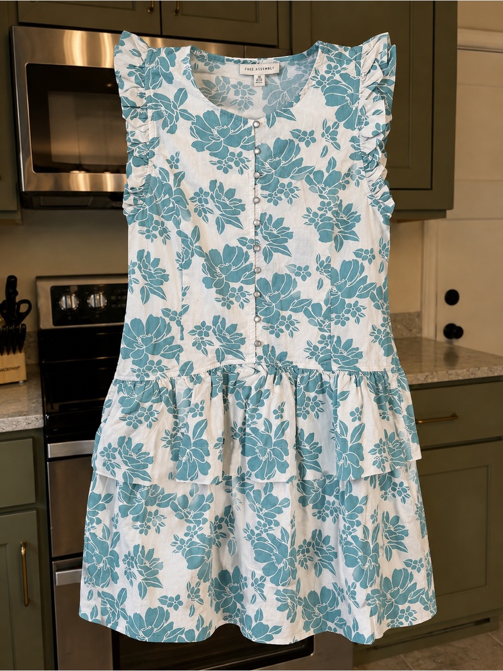 Ladies Blue Floral Ruffle Tiered Dress
